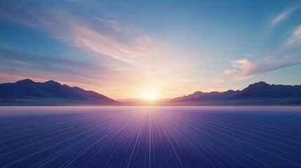 Poster - A serene landscape at sunrise, featuring vast plains, distant mountains, and a clear sky, creating a tranquil atmosphere.