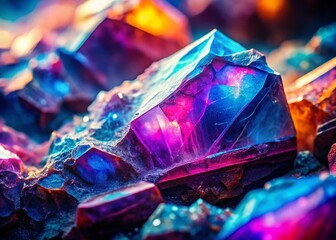 Poster - Closeup of Colorful Translucent Mineral Formations in Shades of Purple, Blue, and Pink with Intricate Patterns and Textures for Nature and Abstract Photography