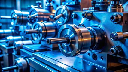 Poster - Close-Up of Lathe Control Knobs in Blue Tone - Metal Machine Tools Industry Focus on Precision and Craftsmanship in Metalworking Processes for Industrial Applications