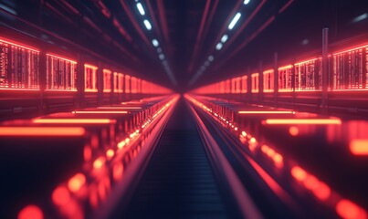 Poster - A futuristic corridor with glowing red lights, creating a sense of depth and motion in a digital landscape.