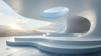 Wall Mural - modern abstract architecture with concrete design featuring a mountain landscape view through circul