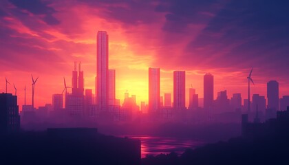 Poster - A vibrant city skyline at sunset, showcasing tall buildings and wind turbines against a colorful gradient sky.