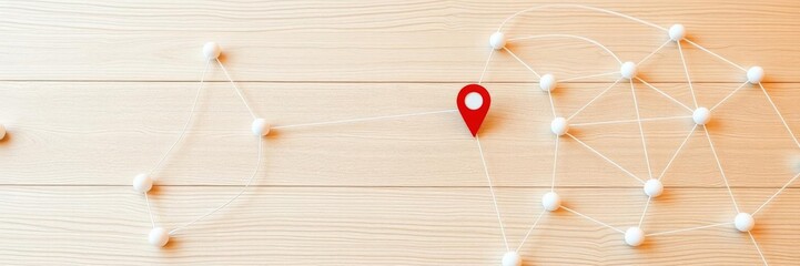 Poster - 3D render of interconnected wooden nodes with location marker in network concept, 3D render, digital