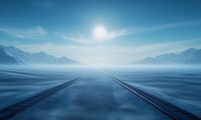 Poster - A serene winter landscape features a vast, frozen expanse under a bright sun, with distant mountains and a faint path cutting through the snow.