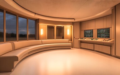 Leinwandbilder - A modern, minimalist control room with curved seating, large windows, and multiple screens, showcasing a sleek design and ambient lighting.