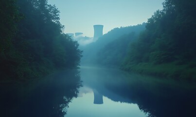 Aufkleber - A serene twilight scene featuring a river reflecting a foggy landscape and a distant structure, surrounded by lush greenery.