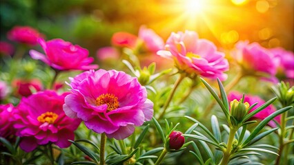 Wall Mural - Moss rose flowers blooming under a bright spring sun in a vibrant garden setting, moss rose, sunny, spring day, lush garden