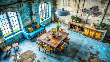Poster - Drone Photography of Vintage Loft with Blue Concrete Walls and Cracked Flooring, Showcasing Textured Backgrounds and Retro Wallpaper in a Modern Interior Design Setting