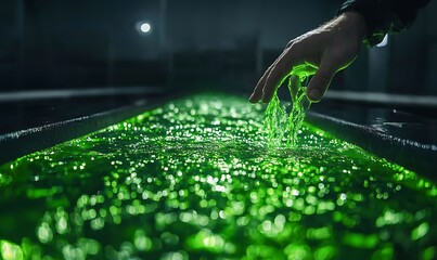 Poster - A hand reaches into a luminous, green liquid, creating ripples on its surface under dim lighting.