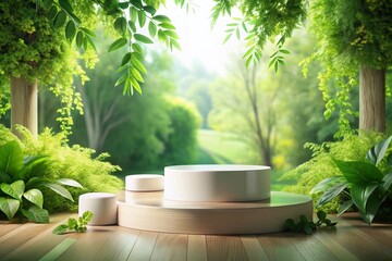 Poster - Elegant Empty Showcase Podium Surrounded by Lush Greenery, Perfect for Displaying Cosmetic Products in a Tranquil Natural Setting