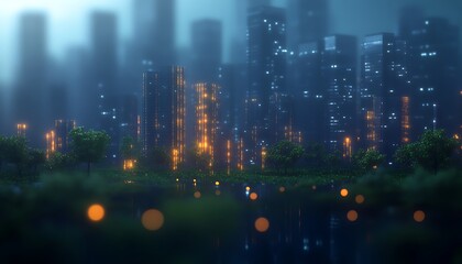 Aufkleber - A moody cityscape at dusk with glowing lights, surrounded by greenery and a reflective water surface, creating a serene urban atmosphere.