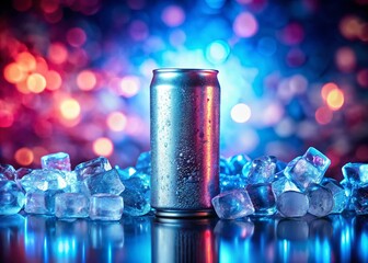 Poster - Elegant Mockup of a Refreshing Drink Can Surrounded by Shimmering Ice Cubes in a Minimalist Style Setting, Perfect for Beverage Marketing and Advertising Purposes