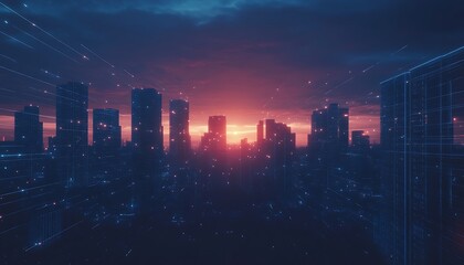 Aufkleber - Silhouetted skyline at sunset, illuminated by vibrant hues of orange and purple, set against a dramatic sky filled with atmospheric depth.