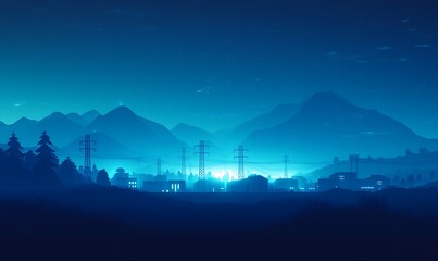 Poster - A serene night scene with mountains, trees, and distant lights, creating a tranquil and atmospheric landscape in blue hues.
