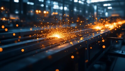 Poster - A close-up view of sparks flying from metalwork in an industrial setting, showcasing the energy and precision of welding or machining processes.
