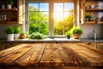Poster - Elegant Wooden Texture Table Top with Blurred Kitchen Window Background for Product Display and Design Visual Layout