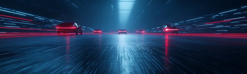 Poster - A futuristic scene showcasing illuminated cars on a slick, reflective surface with vibrant blue and red light trails.