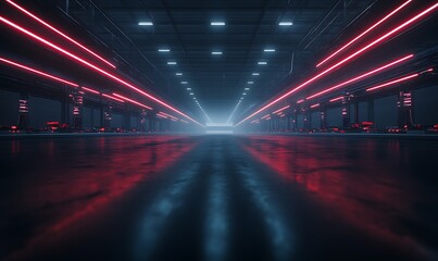 Poster - A futuristic, industrial scene with glowing red laser beams in a dark, reflective environment, creating a sense of depth and technological ambiance.