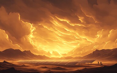 Aufkleber - A breathtaking landscape featuring dramatic clouds illuminated by a golden sunset, with silhouettes of two figures against a mountainous backdrop.