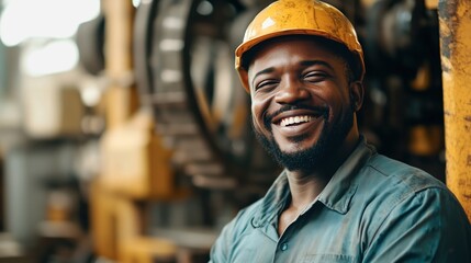 Wall Mural - Black male factory worker smiling in industrial setting, concept of satisfaction and hard work