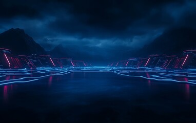 Poster - A futuristic landscape featuring a dark environment illuminated by neon blue and red lights, reflecting on a calm body of water amidst mountains.