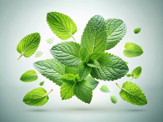 Poster - Ethereal Double Exposure of Mint Leaves Floating in Air Against a Crisp White Background, Showcasing Nature's Elegance and Freshness in a Unique Artistic Style