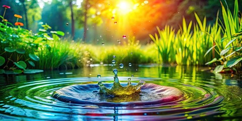 Colorful water pond with green growth splashing, water, pond, colorful, green, growth, nature, vibrant, reflections, tranquility