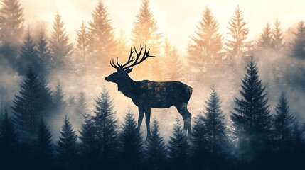 Canvas Print - A silhouette of a deer stands among misty trees, creating a serene and mystical atmosphere.