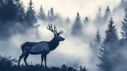 Canvas Print - A majestic stag stands in a misty forest, evoking a sense of tranquility and connection to nature.