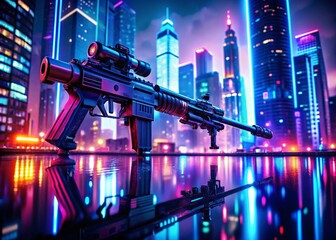 Poster - Futuristic Cyberpunk Elegance Showcasing Minimalistic Weaponry in a Neon-Drenched Cityscape with High Depth of Field Focus on Sleek Designs and Urban Aesthetics