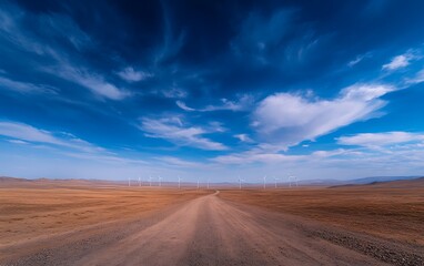 Aufkleber - A serene landscape featuring a dirt road stretching through a vast, open terrain under a wide, blue sky with scattered clouds.