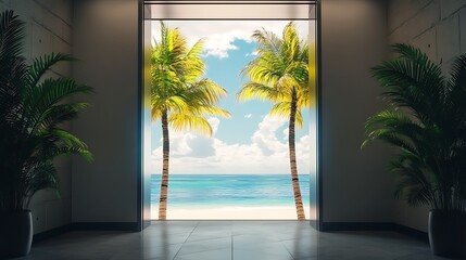 Canvas Print - A serene view of palm trees and a beach through an open doorway, evoking relaxation and escape.