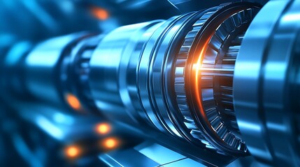 Poster - A close-up view of a futuristic machine component, showcasing intricate metallic details and glowing elements in blue and orange tones.