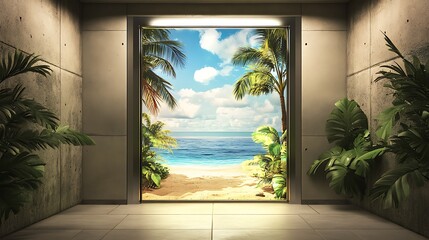 Canvas Print - A serene beach view through an open door, surrounded by tropical plants, inviting relaxation and escape.