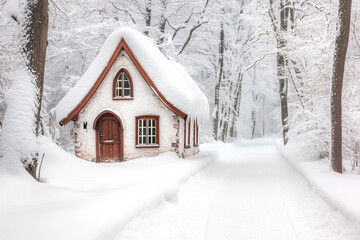 Snow house in the forest with aurora light, Selective focus wooden cottage in snow pine tree forest, Landscape view of wooden hut with snow on the roof, Snowy forest with tiny house.