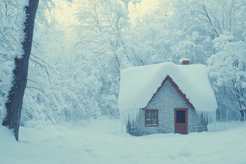 Snow house in the forest with aurora light, Selective focus wooden cottage in snow pine tree forest, Landscape view of wooden hut with snow on the roof, Snowy forest with tiny house.
