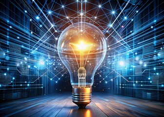 Poster - Illuminating Innovation: A Double Exposure of a Glowing Lightbulb Merging with a Digital Interface Filled with Lines, Data Streams, and Futuristic Graphics