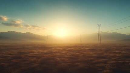 Poster - A breathtaking sunset illuminates the horizon, casting warm hues over a misty landscape with distant mountains and scattered birds.