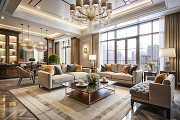 Poster - Luxurious Neutral Interior Design in a Bright Apartment with Clear Glass Windows, Featuring a Harmonious Blend of White and Brown Tones for a Serene Atmosphere