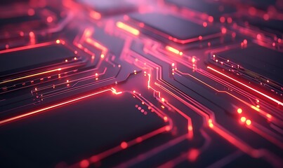 Poster - Abstract close-up of a dark circuit board illuminated by vibrant red lights, showcasing intricate patterns of electronic pathways.