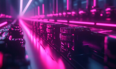 Fototapete - A futuristic scene illuminated by pink light, featuring rows of abstract technology or devices, creating a vibrant and high-tech atmosphere.