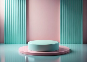 Poster - Minimalist Architectural Photography of Light Blue Round Podium Against Soft Pink Background for Product Display Mockup in a Contemporary Studio Setting
