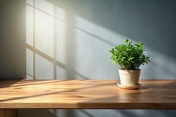 Poster - Minimalist Product Photography of an Empty Table with Plant and Window Shadow for Elegant Display, Perfect for Home Decor and Lifestyle Branding