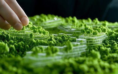 Poster - A close-up view of a miniature landscape model with lush greenery, depicting a hand adjusting elements within an architectural design.
