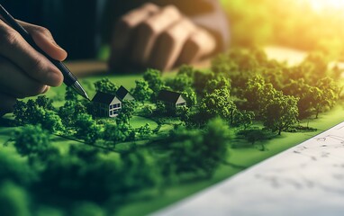 Poster - A person is creating a miniature landscape model, featuring houses and greenery, highlighting urban planning or architectural design.
