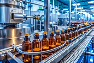 Poster - Modern Medical Production Line Showcasing Bottles on Conveyor Belt, Emphasizing Advanced Manufacturing Technology in a Clean, Efficient Environment