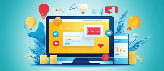 Wall Mural - Desktop and mobile phone screen displaying a website with icons and illustrations around them.
