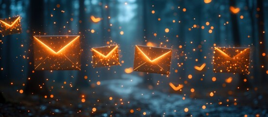 Wall Mural - Glowing email icons floating in a mystical forest.