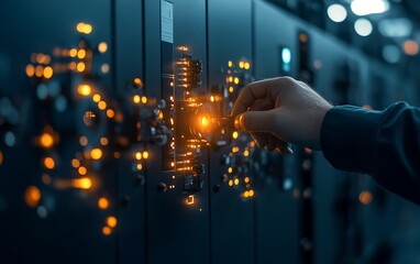 Aufkleber - A hand interacts with illuminated server switches, showcasing the intricate design of a modern data center.