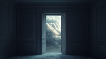 Canvas Print - A dark room with an open door revealing a bright sky filled with clouds, symbolizing hope and possibilities.